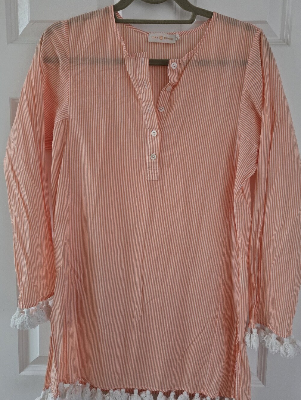 Tory Burch S/P Orange White Stripe Tassel Cotton Beach Cover-up